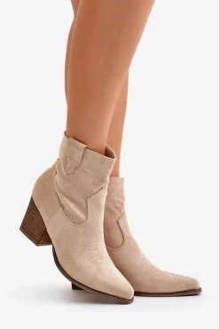 Clearance Botki Kowbojki Na Słupku Eko Zamszowe Jasnobeżowe Belorinae Damskie Botki Wiosenne|Botki Na Słupku