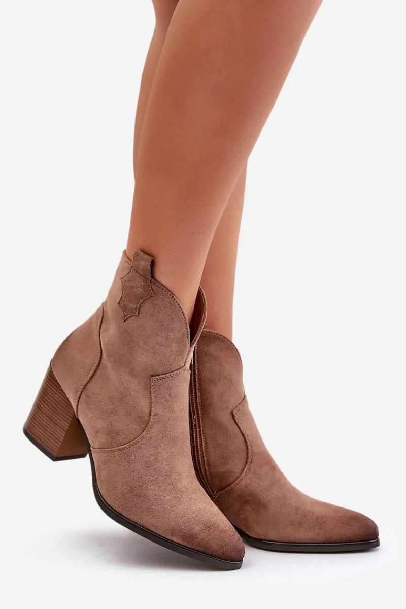 Czarne Botki|Botki Zimowe Damskie>Buty damskie Vinceza Botki Kowbojki Na Słupku Ocieplane Z Eko Zamszu Vinceza 58345 Ciemnobeżowe