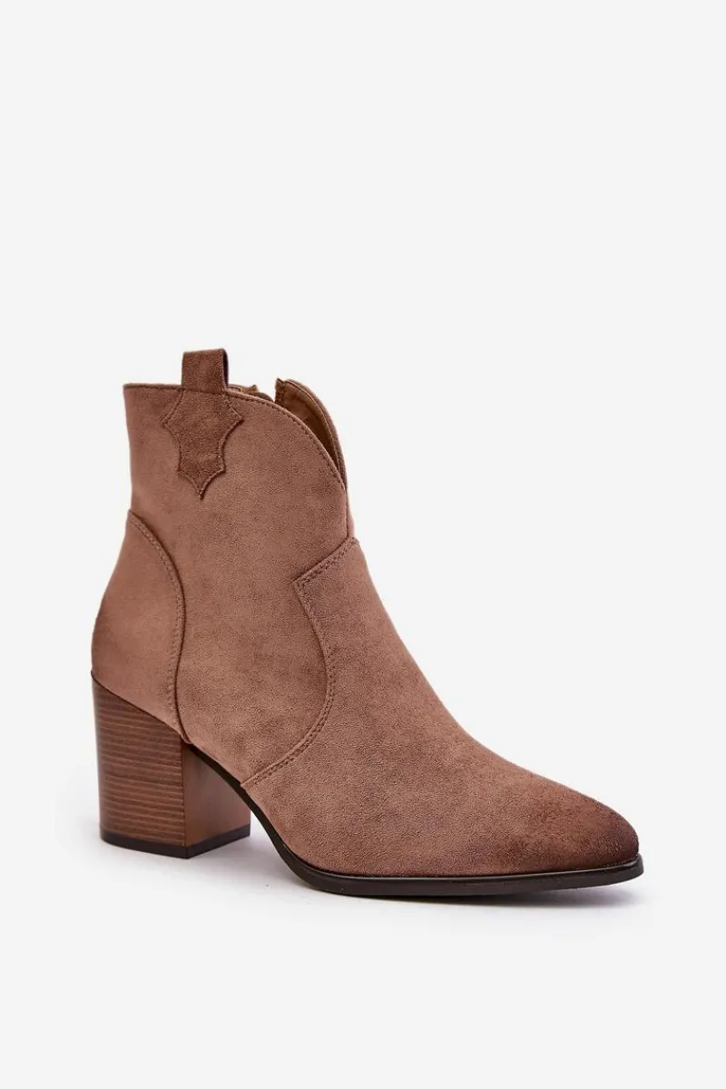 Czarne Botki|Botki Zimowe Damskie>Buty damskie Vinceza Botki Kowbojki Na Słupku Ocieplane Z Eko Zamszu Vinceza 58345 Ciemnobeżowe