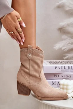 New Boto Botki Kowbojki Na Słupku Z Eko Zamszu Beżowe Narinae