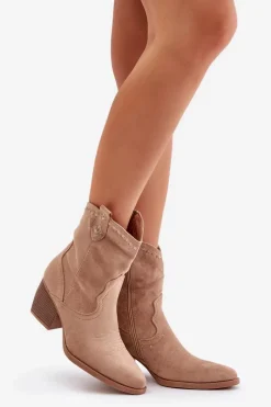 New Boto Botki Kowbojki Na Słupku Z Eko Zamszu Beżowe Narinae