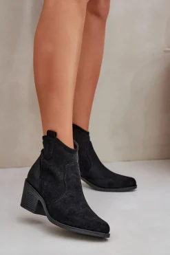 New Damskie buty S.Barski Botki Kowbojki Na Zamek Eko Zamszowe Ażurowe S.Barski HY51-061 Czarne Czarny