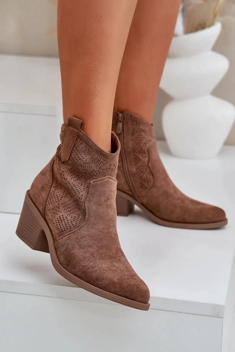 Botki Na Słupku|Botki Na Obcasie>Damskie buty S.Barski Botki Kowbojki Na Zamek Eko Zamszowe Ażurowe S.Barski HY51-061 Brązowe