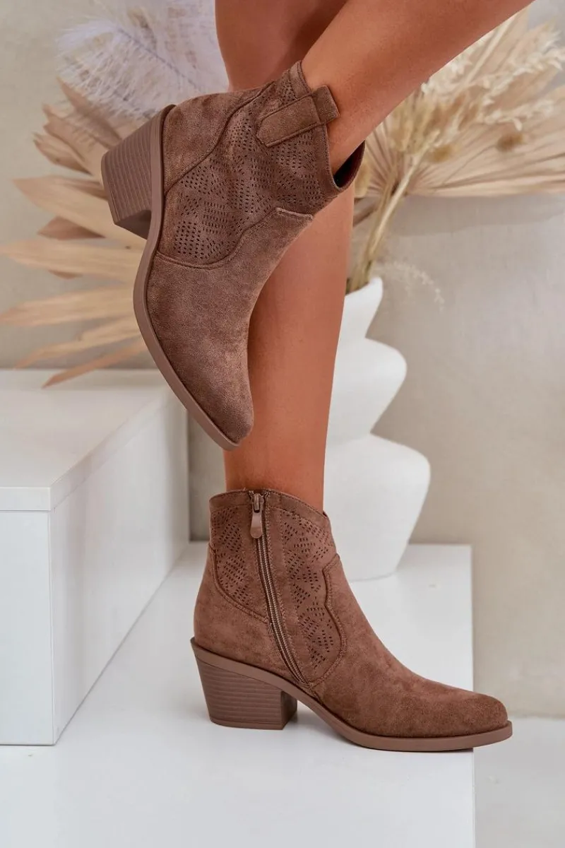 Botki Na Słupku|Botki Na Obcasie>Damskie buty S.Barski Botki Kowbojki Na Zamek Eko Zamszowe Ażurowe S.Barski HY51-061 Brązowe