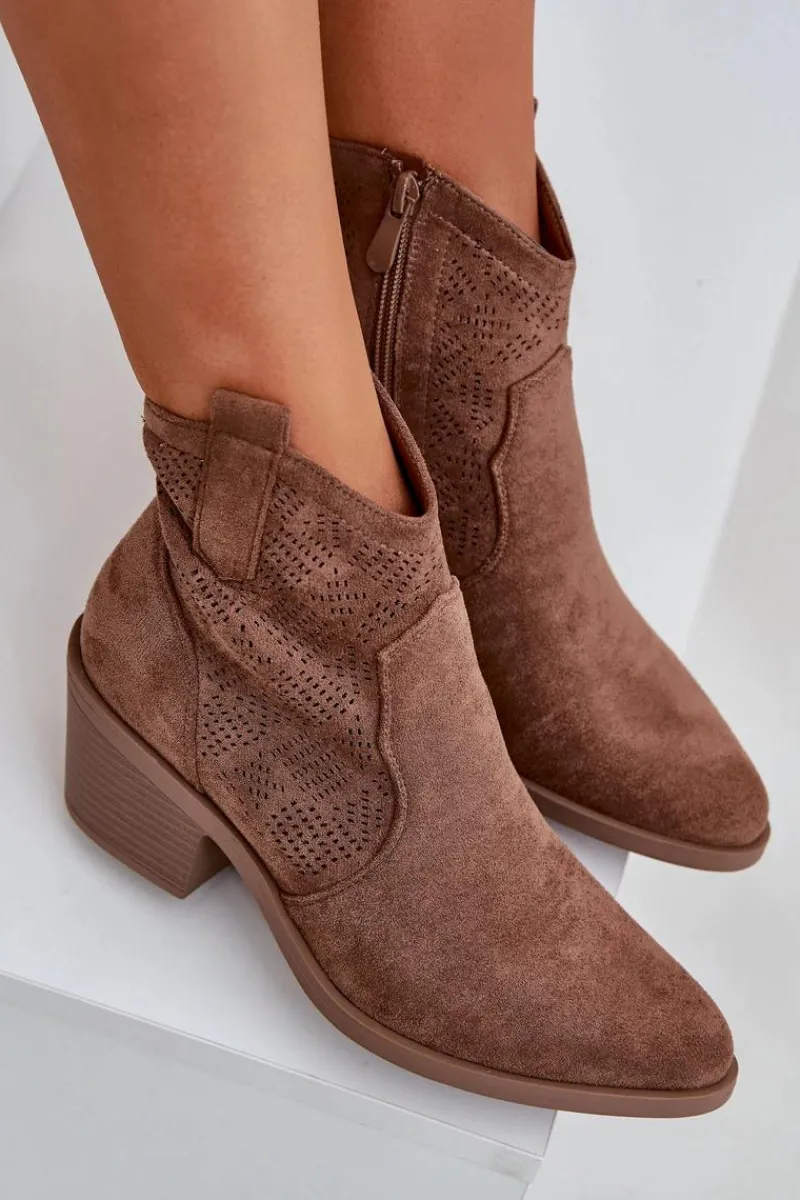 Botki Na Słupku|Botki Na Obcasie>Damskie buty S.Barski Botki Kowbojki Na Zamek Eko Zamszowe Ażurowe S.Barski HY51-061 Brązowe