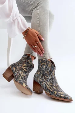 Online Maciejka Botki Kowbojki Skórzane Damskie Na Obcasie 05776-13 Niebieskie