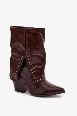 Botki Ocieplane|Botki Skórzane></noscript>Boto Botki Kowbojki Z Wywiniętą Cholewką I Zdobieniem Ocieplane Czekoladowe Inessia Brązowy