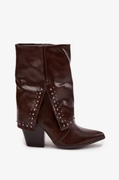 Botki Ocieplane|Botki Skórzane></noscript>Boto Botki Kowbojki Z Wywiniętą Cholewką I Zdobieniem Ocieplane Czekoladowe Inessia Brązowy
