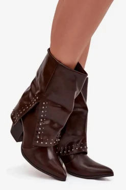 Botki Ocieplane|Botki Skórzane></noscript>Boto Botki Kowbojki Z Wywiniętą Cholewką I Zdobieniem Ocieplane Czekoladowe Inessia Brązowy