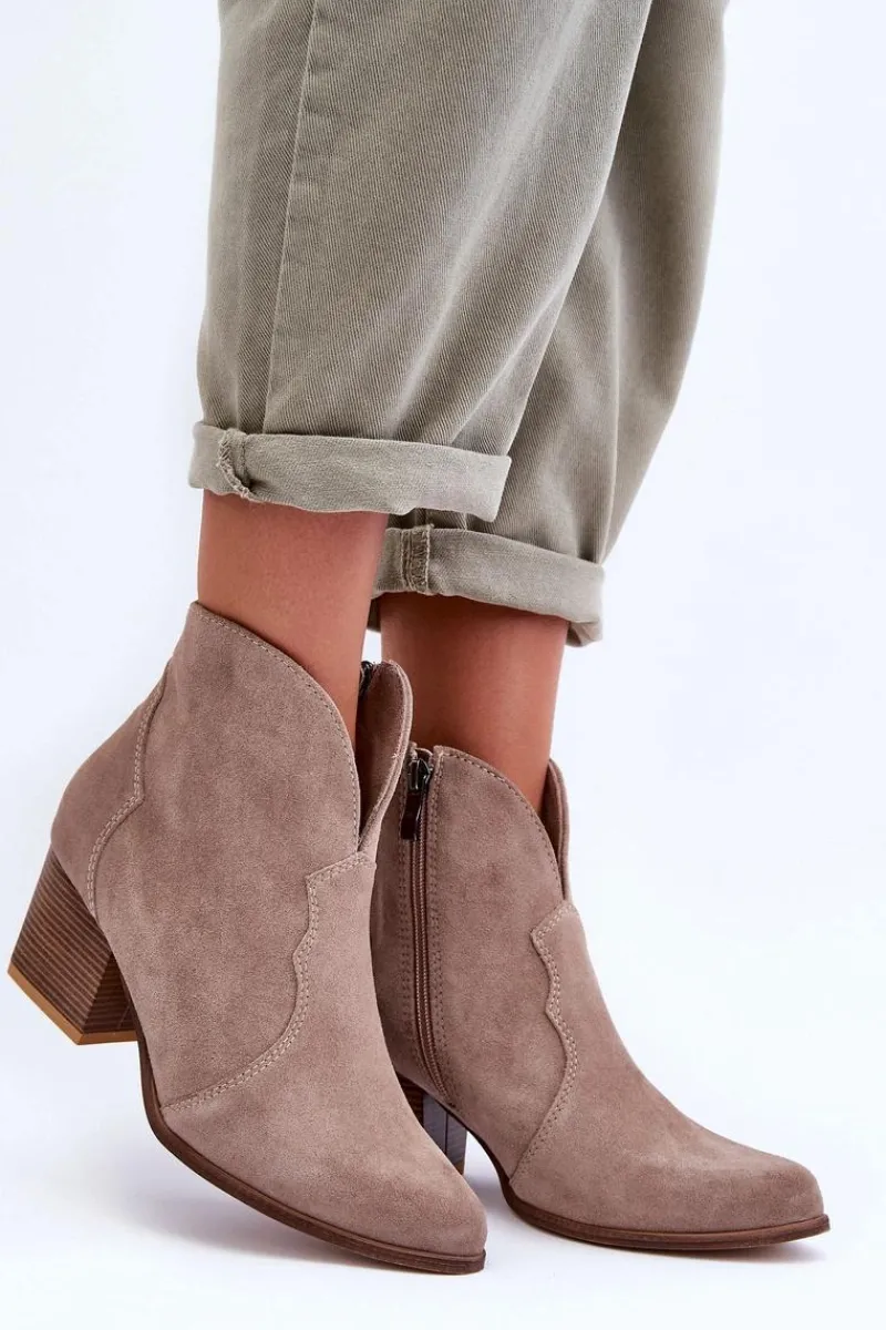 Hot Botki Kowbojki Zamszowe Lewski EV28 Beżowe Damskie Botki Na Słupku|Brązowe I Beżowe Botki