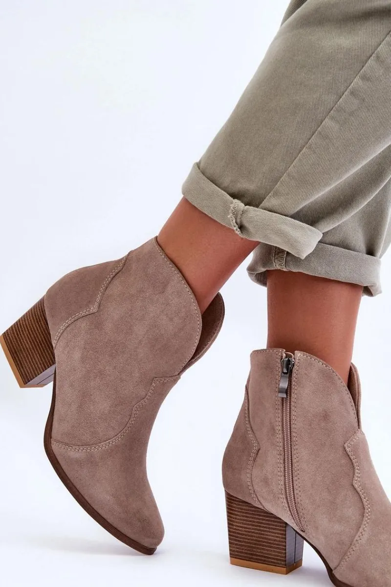 Hot Botki Kowbojki Zamszowe Lewski EV28 Beżowe Damskie Botki Na Słupku|Brązowe I Beżowe Botki