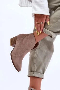 Hot Botki Kowbojki Zamszowe Lewski EV28 Beżowe Damskie Botki Na Słupku|Brązowe I Beżowe Botki