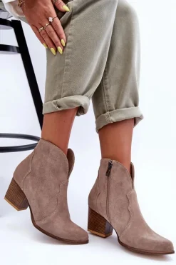 Hot Botki Kowbojki Zamszowe Lewski EV28 Beżowe Damskie Botki Na Słupku|Brązowe I Beżowe Botki