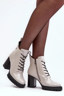 Online Damskie buty S.Barski Botki Lakierowane Na Słupku Ocieplane Jasnoszare S.Barski MR870-54