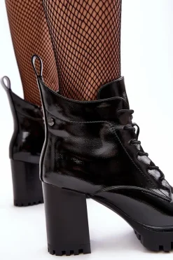 Best Botki Lakierowane Na Słupku Ocieplane Czarne D&A MR870-54 Damskie Botki Sznurowane|Botki Na Słupku