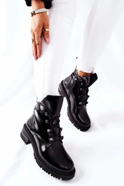 Hot Botki Lakierowane Ocieplane Sergio Leone Czarne TR744 Damskie Czarne Botki|Botki Zimowe Damskie