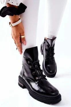 Hot Botki Lakierowane Ocieplane Sergio Leone Czarne TR744 Damskie Czarne Botki|Botki Zimowe Damskie