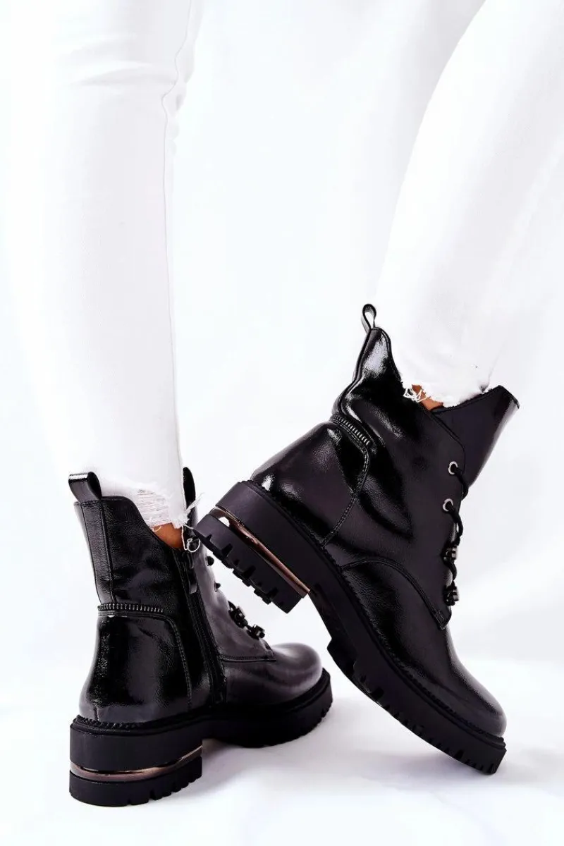 Hot Botki Lakierowane Ocieplane Sergio Leone Czarne TR744 Damskie Czarne Botki|Botki Zimowe Damskie