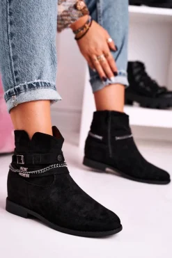 Hot Boto Botki Na Koturnie Z Łańcuszkiem Zamszowe Czarne Eliza