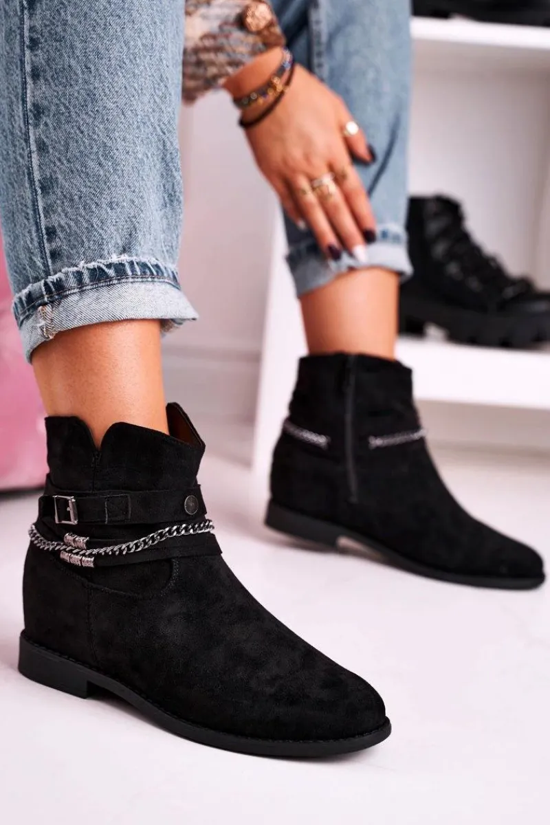 Hot Boto Botki Na Koturnie Z Łańcuszkiem Zamszowe Czarne Eliza