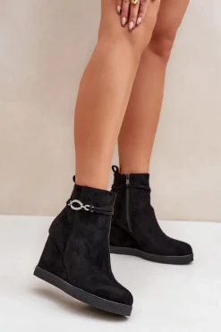 New Botki Na Koturnie Z Ozdobnym Paskiem Czarne Kaiviana Damskie Botki Ocieplane|Botki Na Koturnie
