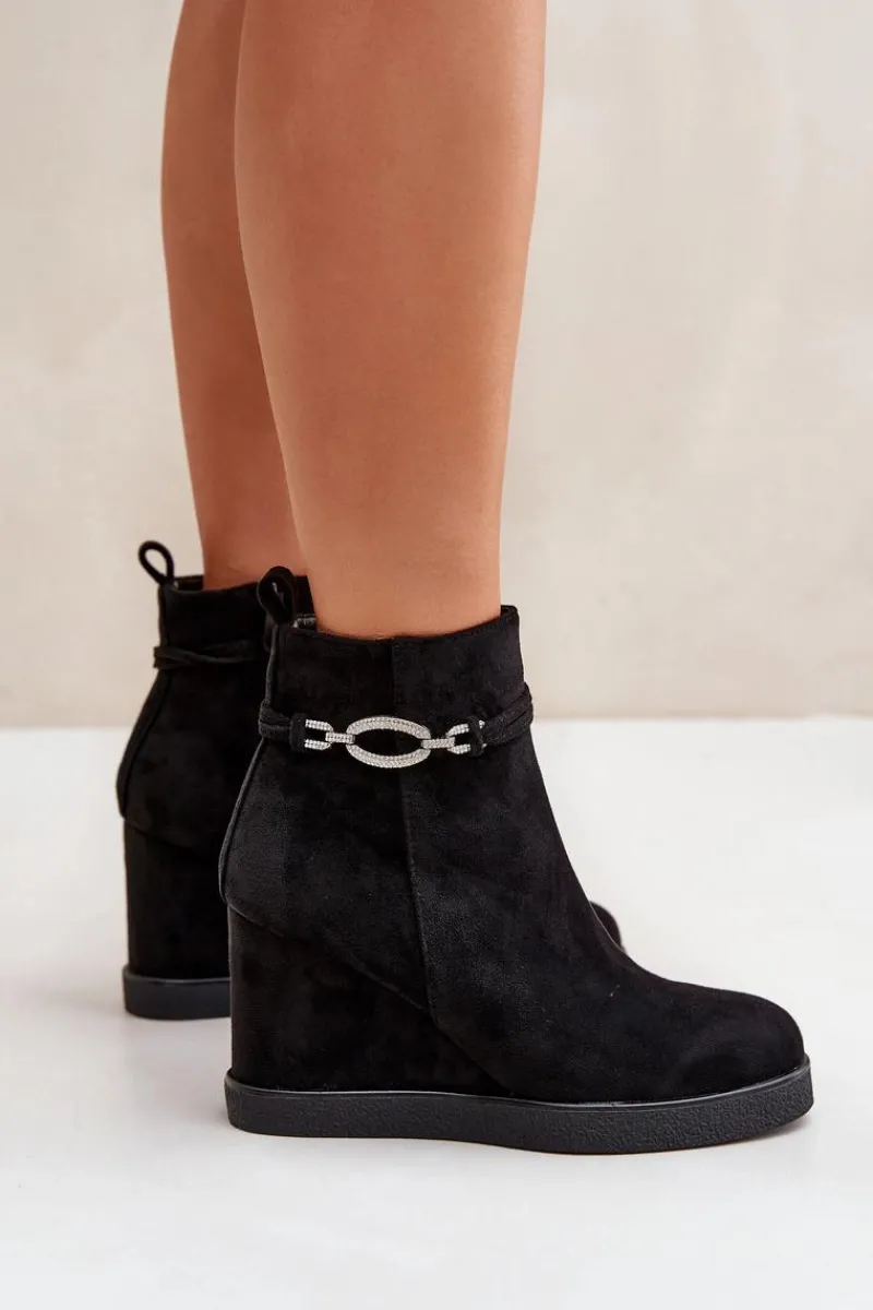 New Botki Na Koturnie Z Ozdobnym Paskiem Czarne Kaiviana Damskie Botki Ocieplane|Botki Na Koturnie