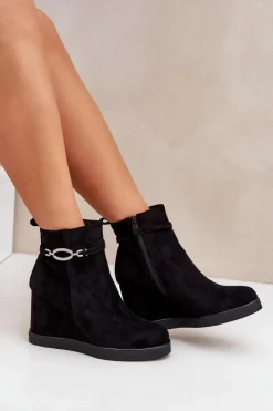 New Botki Na Koturnie Z Ozdobnym Paskiem Czarne Kaiviana Damskie Botki Ocieplane|Botki Na Koturnie
