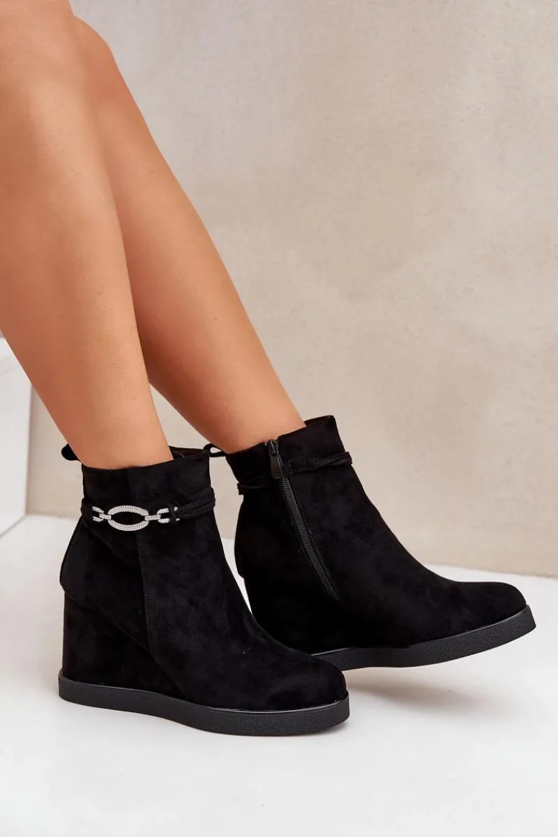 New Botki Na Koturnie Z Ozdobnym Paskiem Czarne Kaiviana Damskie Botki Ocieplane|Botki Na Koturnie