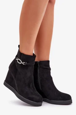 New Botki Na Koturnie Z Ozdobnym Paskiem Czarne Kaiviana Damskie Botki Ocieplane|Botki Na Koturnie