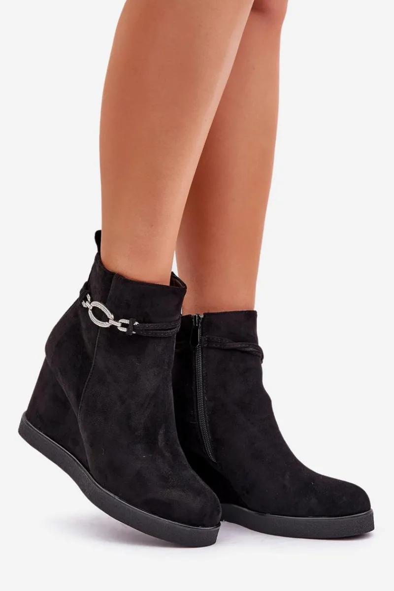 New Botki Na Koturnie Z Ozdobnym Paskiem Czarne Kaiviana Damskie Botki Ocieplane|Botki Na Koturnie