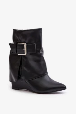Outlet Boto Botki Na Koturnie Z Wywiniętą Cholewką I Klamrą Czarne Vortinia Czarny