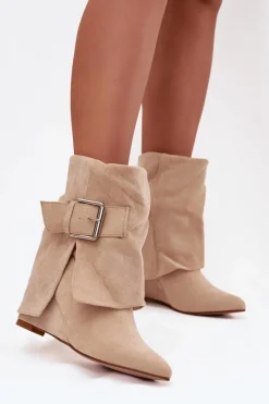 Sale Boto Botki Na Koturnie Z Wywiniętą Cholewką I Klamrą Eko Zamszowe Beżowe Vortinia