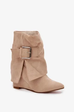 Sale Boto Botki Na Koturnie Z Wywiniętą Cholewką I Klamrą Eko Zamszowe Beżowe Vortinia