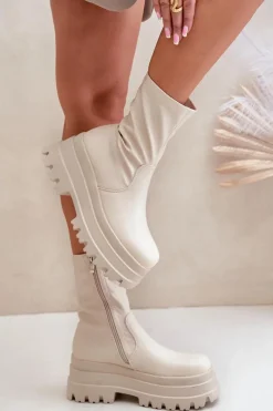 Botki Na Masywnej Platformie Jasnobeżowe Florinara Damskie Botki Ocieplane|Brązowe I Beżowe Botki