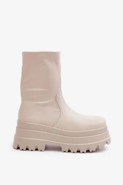 Botki Na Masywnej Platformie Jasnobeżowe Florinara Damskie Botki Ocieplane|Brązowe I Beżowe Botki