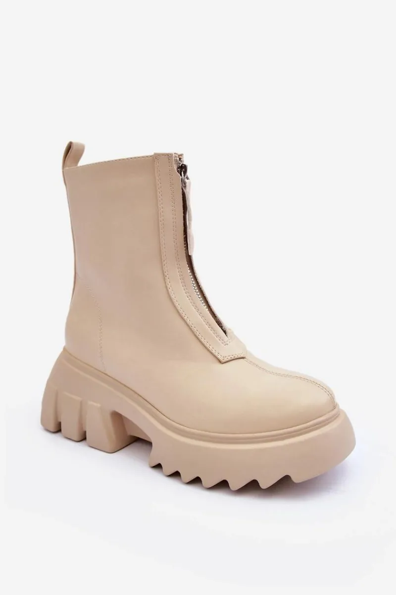 Brązowe I Beżowe Botki|Botki Płaskie>Boto Botki Na Masywnej Platformie Z Suwakiem Beżowe Kusma Beżowy