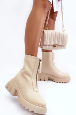 Brązowe I Beżowe Botki|Botki Płaskie>Boto Botki Na Masywnej Platformie Z Suwakiem Beżowe Kusma Beżowy