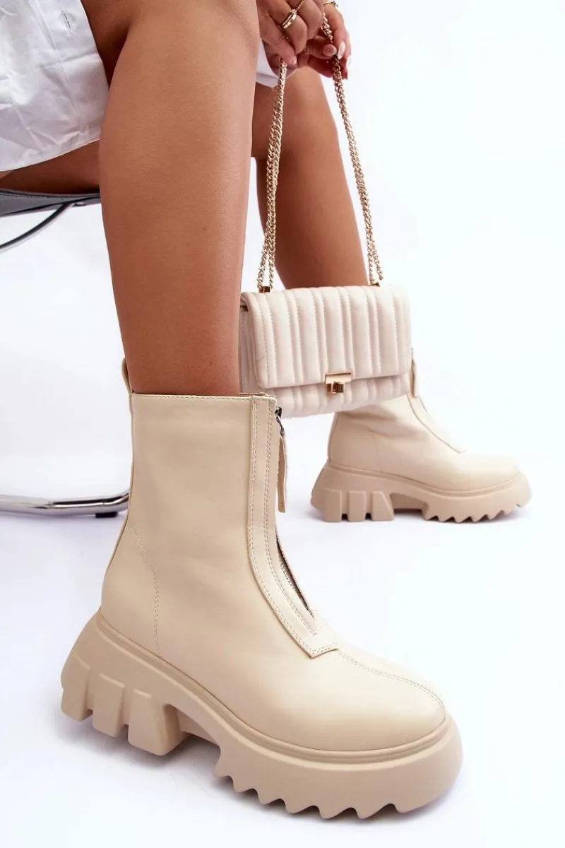 Brązowe I Beżowe Botki|Botki Płaskie>Boto Botki Na Masywnej Platformie Z Suwakiem Beżowe Kusma Beżowy
