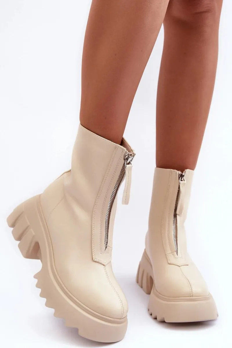 Brązowe I Beżowe Botki|Botki Płaskie>Boto Botki Na Masywnej Platformie Z Suwakiem Beżowe Kusma Beżowy