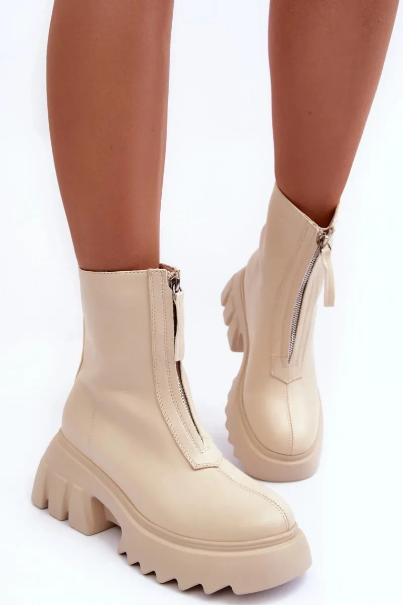 Brązowe I Beżowe Botki|Botki Płaskie>Boto Botki Na Masywnej Platformie Z Suwakiem Beżowe Kusma Beżowy