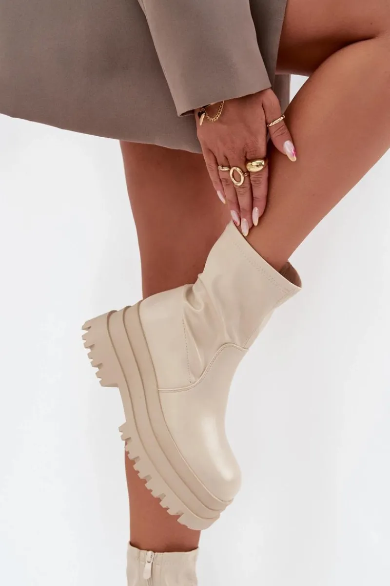 Sale Botki Na Masywnej Platformie Eko Skórzane Beżowe Kylira Damskie Botki Ocieplane|Czarne Botki