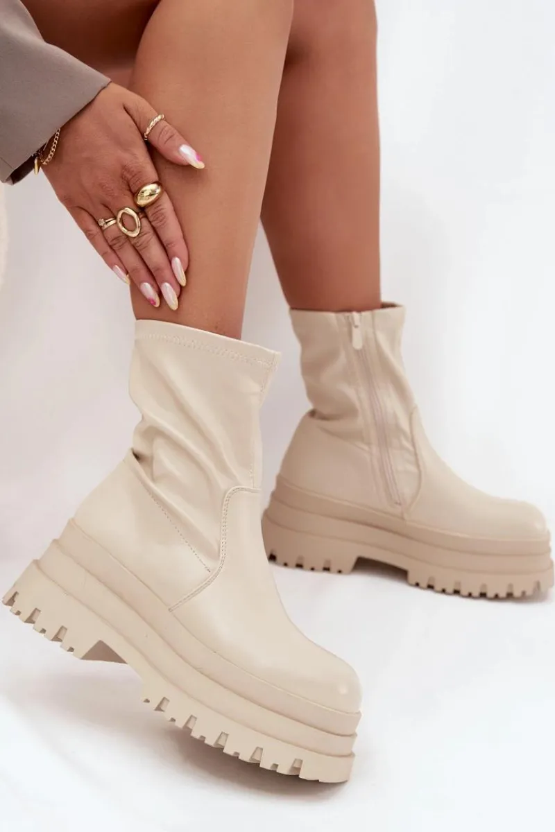 Sale Botki Na Masywnej Platformie Eko Skórzane Beżowe Kylira Damskie Botki Ocieplane|Czarne Botki