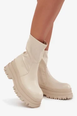 Sale Botki Na Masywnej Platformie Eko Skórzane Beżowe Kylira Damskie Botki Ocieplane|Czarne Botki