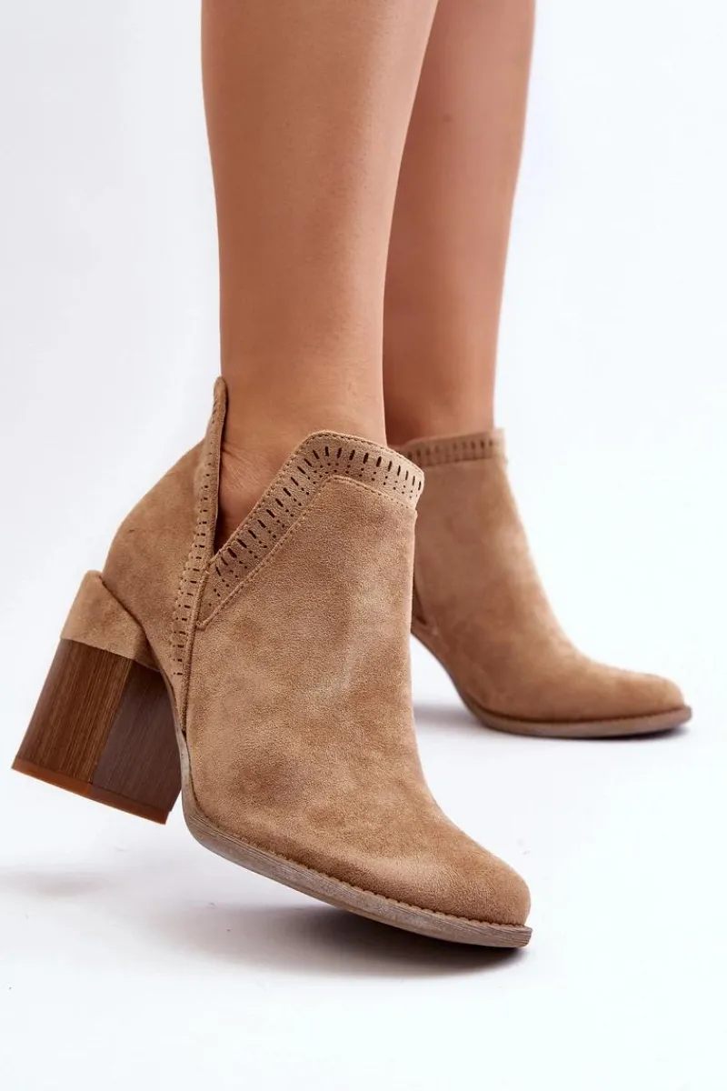Outlet Botki Na Masywnym Słupku Z Wycięciem Beżowe Jolnima Damskie Botki Wiosenne|Botki Na Słupku