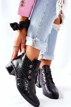 New Botki na Obcasie Czarne Albeq Damskie Botki Sznurowane|Czarne Botki