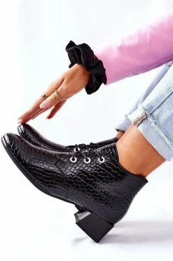 New Botki na Obcasie Czarne Albeq Damskie Botki Sznurowane|Czarne Botki