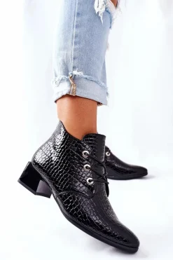 New Botki na Obcasie Czarne Albeq Damskie Botki Sznurowane|Czarne Botki