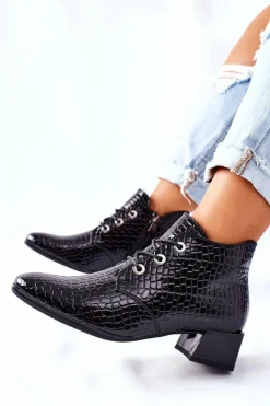 New Botki na Obcasie Czarne Albeq Damskie Botki Sznurowane|Czarne Botki