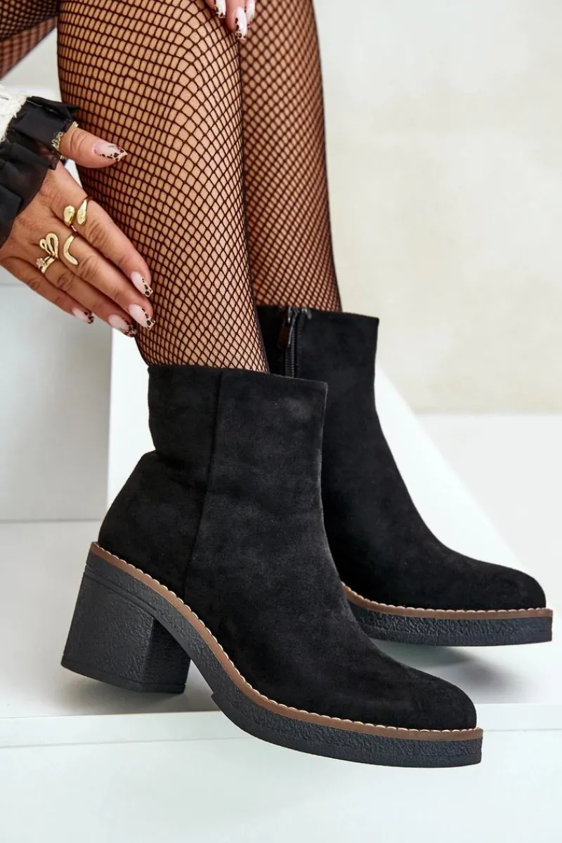 Best Boto Botki Na Obcasie Słupku Eko Zamszowe Ocieplane Na Zamek Czarne Lerallea
