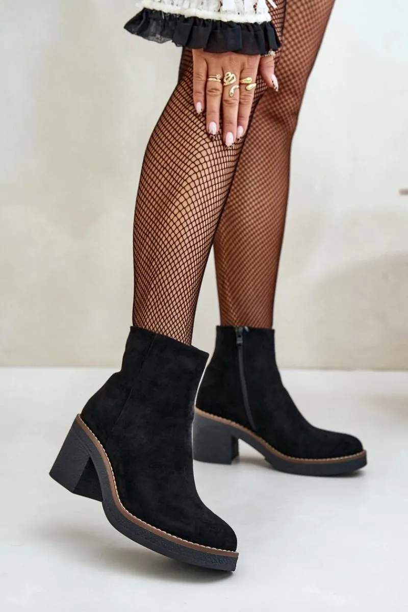 Best Boto Botki Na Obcasie Słupku Eko Zamszowe Ocieplane Na Zamek Czarne Lerallea